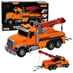 LKW mit Kran, Pannenhilfehaken, Lichter, Geräusche, orange 1:18
