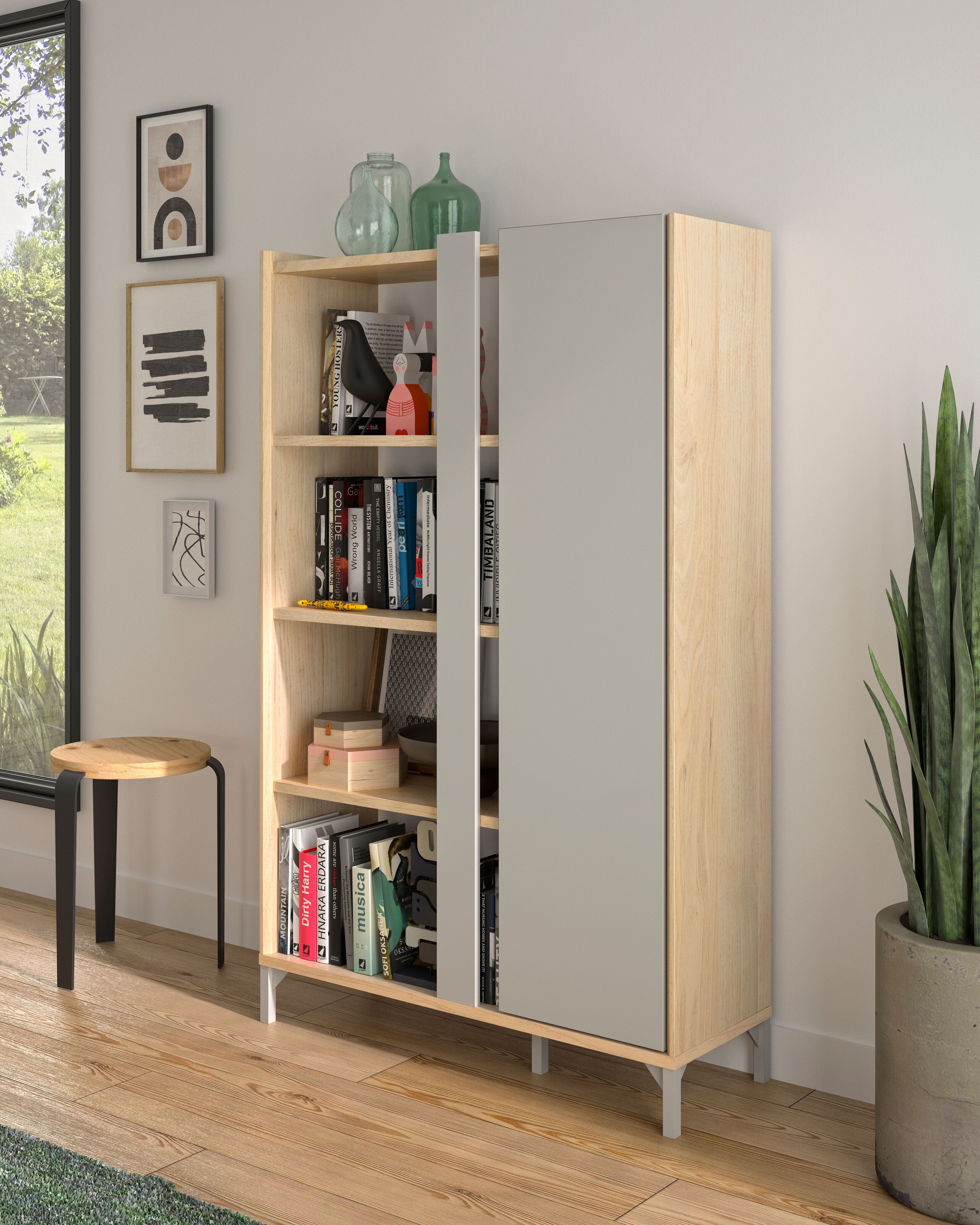 Bücherregal GAMI "LENK", grau (greige, kastanie natur nachbildung), B:100cm H:161cm T:36cm, Holzwerkstoff, Regale, Bücherregal, Dekorative Bibliothek mit geschlossenem Aufbewahrungsbereich