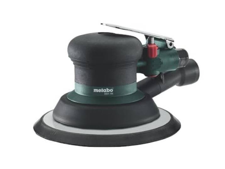 metabo DSX 150 Druckluft-Exzenterschleifer, 150 mm Teller, 6.2 bar 5 mm Hub, 12.000 U/min, Nass- und Trockenschliff, kälteisoliert, inkl. 1/4 Zoll Stecknippel, Schlüssel und Öl
