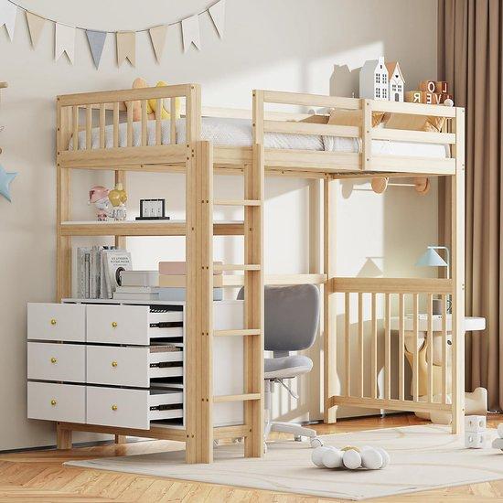 Hochschlaf 90x200 cm mit 6 Schubladen und Regal - Kinderbett und Teenagerbett mit Sicherheitsleiter