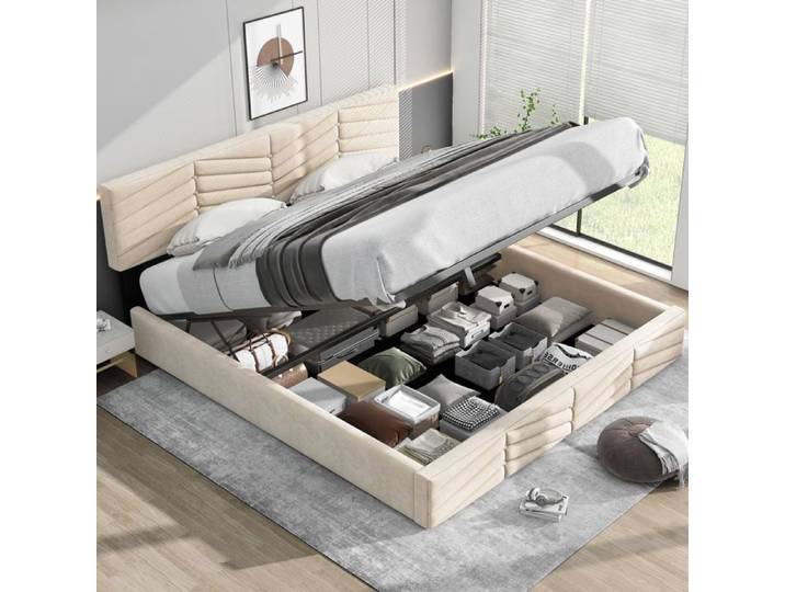 Lit coffre ULEVR tête de lit réglable rangement sous lit Beige 180 x 200 cm