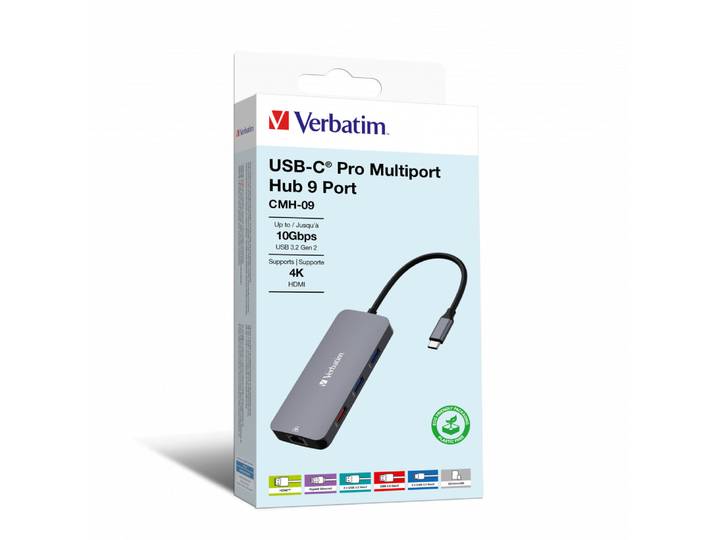 Verbatim CMH-09, USB Type-C, HDMI, RJ-45, USB 3.2 Gen 1 (3.1 Gen 1) Type-A, USB 3.2 Gen 2 (3.1 Gen 2) Type-A, USB 3.2 Gen 2..., MicroSD (TransFlash),