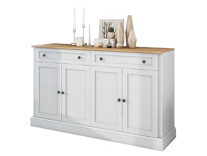 Ropilly Sideboard mit 4 Türen und 2 Schubladen 150 cm Antikweiß und Naturholz mit runden Metallgriffen, 2 verstellbare Einlegeböden und offene Ablagefläche.