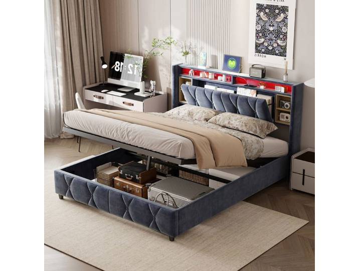 Lit coffre - BLANKETSWARM - 160x200 - Tissu velours gris - Éclairage LED - Prises de courant