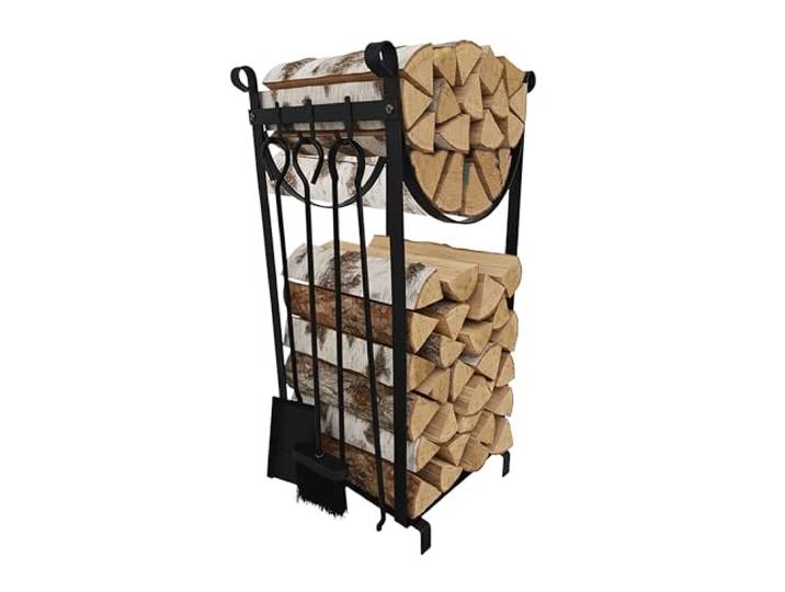 Relaxdays Range-bûches avec kit cheminée\, 2 Niveaux\, Pince à feu\, Balai\, Pelle\, Rangement Bois\, Fer\, Noir