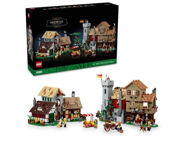 LEGO Icons 10332 Mittelalterlicher Stadtplatz, BAU- und Ausstellungsmodell, klassisches Schloss-Set mit 8 mittelalterlichen Minifiguren, Erkunden Sie das mittelalterliche Dorf Felsa in diesem Bauset