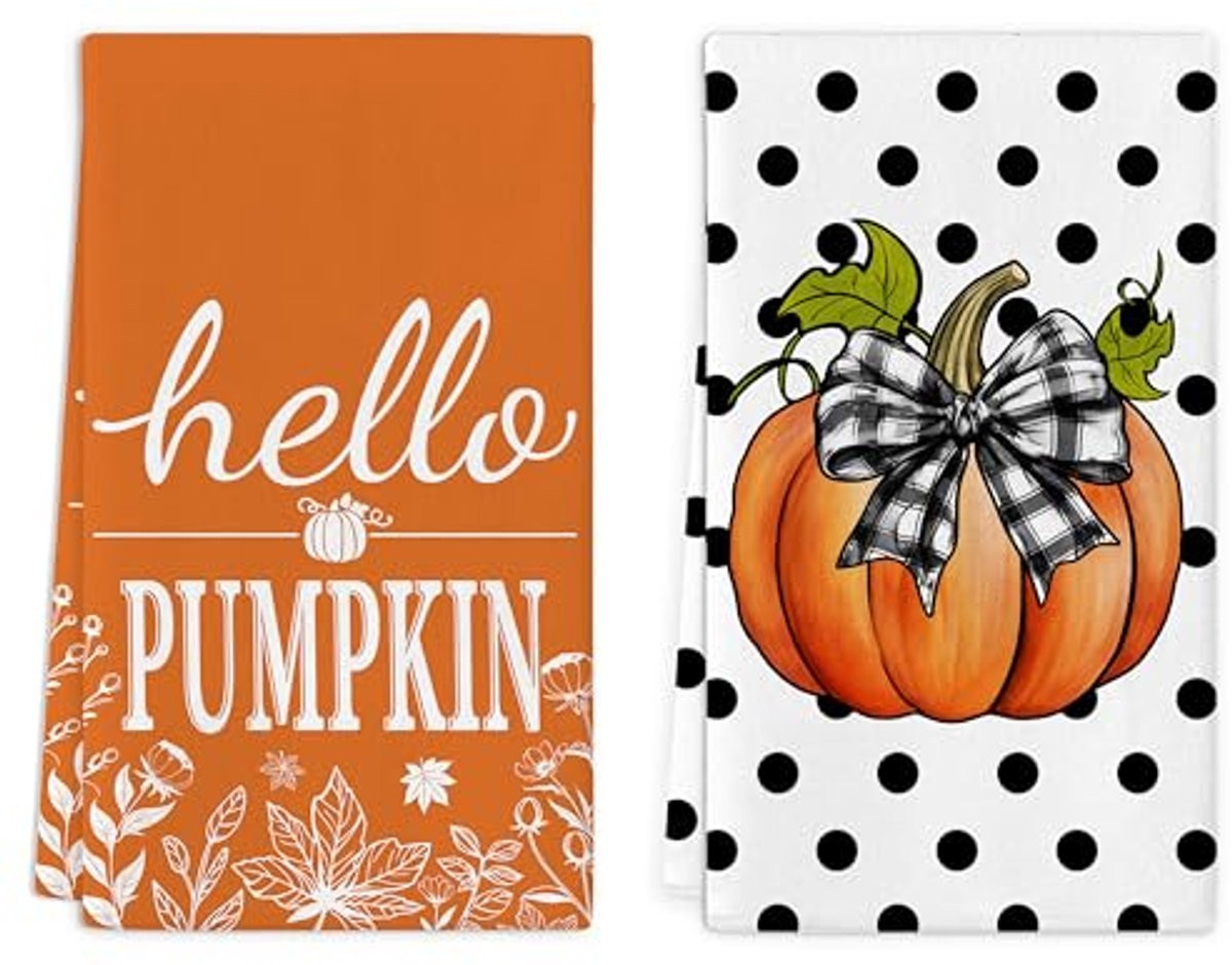 Set van 2 herfst keukenhanddoeken met pompoenontwerp