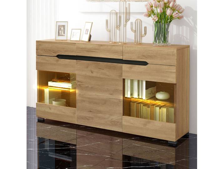 Meubliv Buffet Bas Led Chêne 140x35x80 Cm Avec 3 Portes\, 3 Tiroirs Et Vitrines