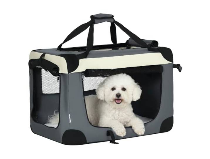 PawHut Panier de Transport Caisse de Transport pour Animal de Compagnie Sac à Main Pliable et Portable Ouverture supérieure Tissu en Maille Respirant Gris Noir