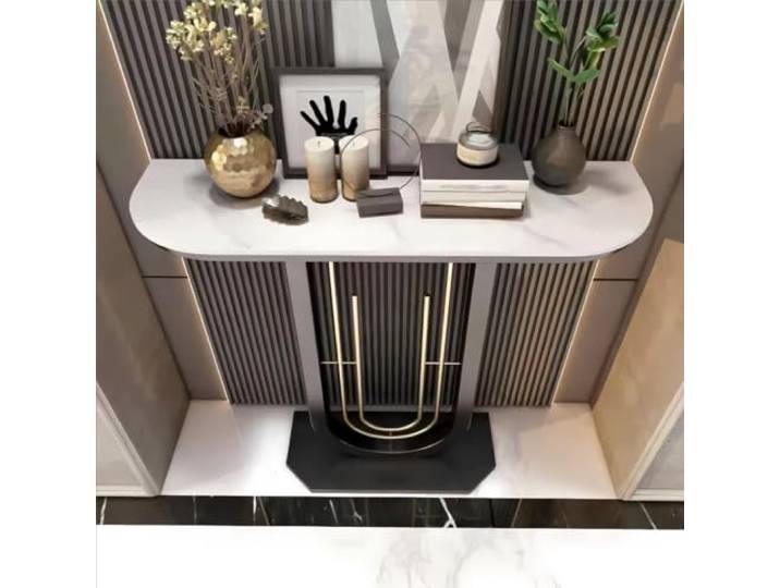 Moderne halbmondförmige Konsole Tisch aus Sinterstein für Eingangstisch Sintersteinplatte, moderner Metallrahmen, schmal platzsparend Flurkonsole Tisch(White,120cm/47.2 )