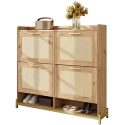 Schuhschrank Holz 108x24x100 mit Rattantüren und Metallrahmen, stilvolle Aufbewahrung für Schuhe im Flur, robust und modern, natürliche Holzoptik