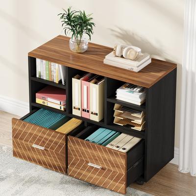 Lee 2-Drawer Wood File Cabinet with Open Shelves, Mobile Lateral Filing Cabinet for Hanging Letter Size Files