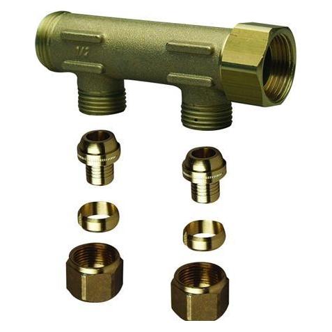 Uponor Aqua PLUS fordelerrør. Fast muffe. PEX WTR DR G3/4" MT/FT 2x15mm pex klemrings koblinger c/c (5708519022920)