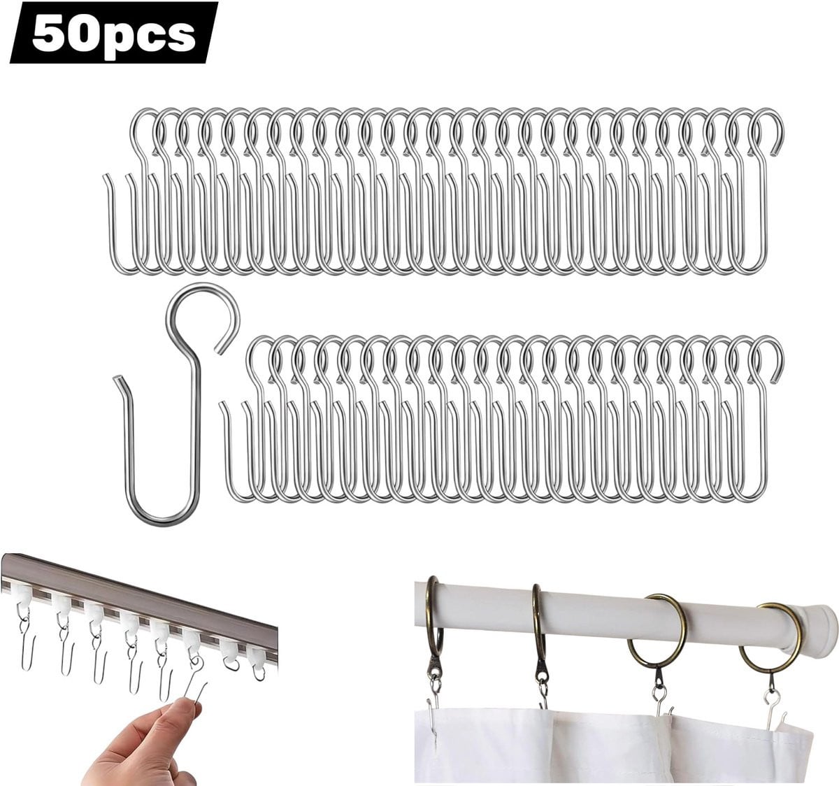 50 stuks S-vormige metalen gordijnhaken voor rails, zilver, 3,5 cm