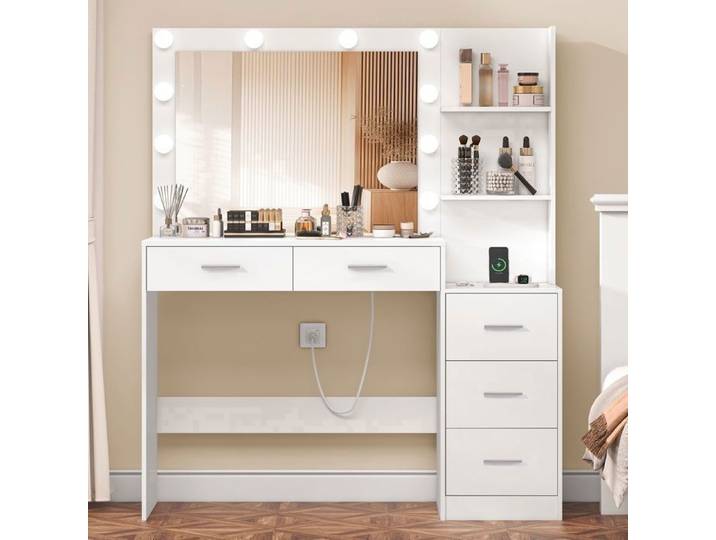 TEENFON Grande coiffeuse avec LED en trois couleurs coiffeuse avec 5 tiroirs et 2 étagères ouvertes 110X40X137cm Blanc