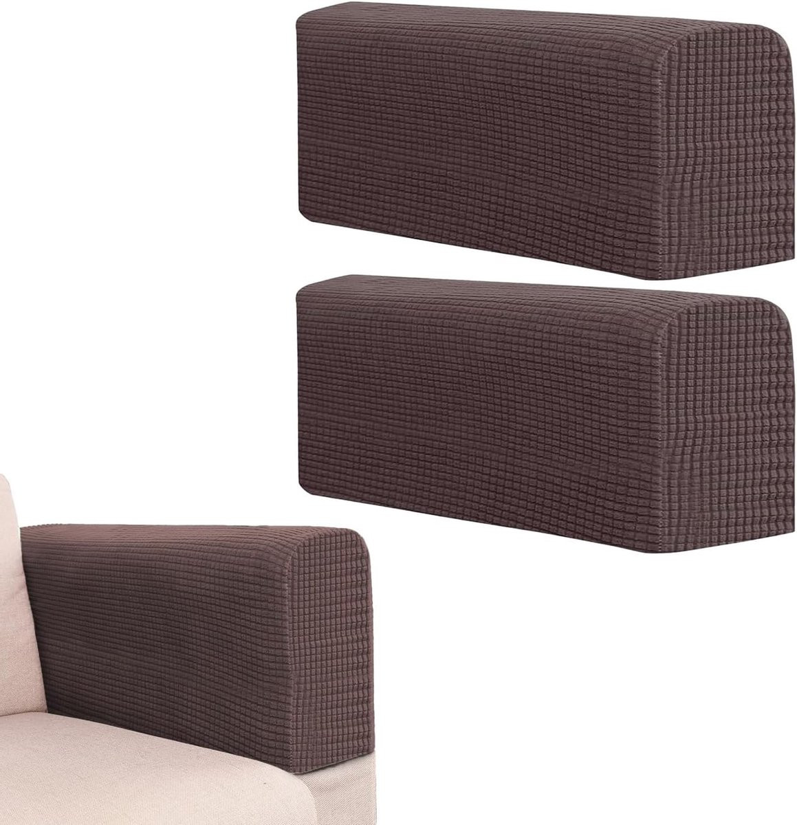 Set van 2 donkerbruine antislip fleece fauteuilarmhoezen voor het beschermen van je meubels