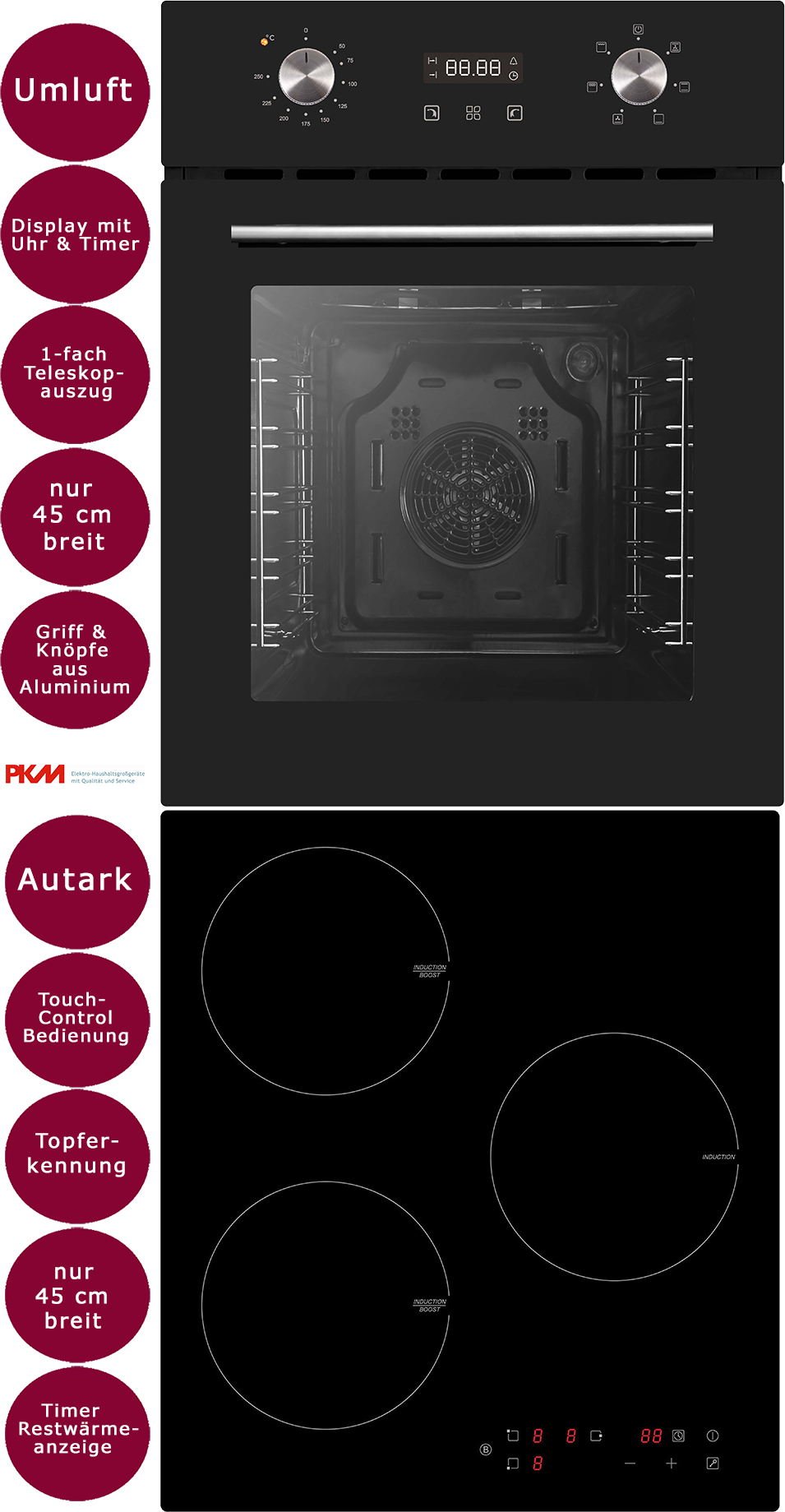 PKM Herd Set Backofen nur 45 cm breit Induktionskochfeld Umluft Timer