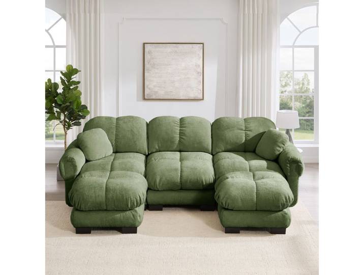 ROVRYN Canape modulable 3 places en U chenille verte avec ottomane mobile et 2 coussins