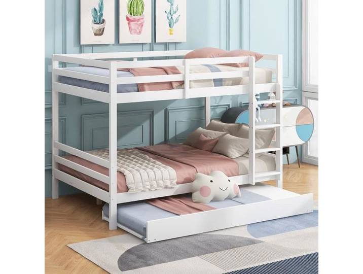 Lit superposés lit simple Lit jeune 140x200 cm Lits d'enfant avec lit gigogne Rampes hautes Escalier stable Blanc