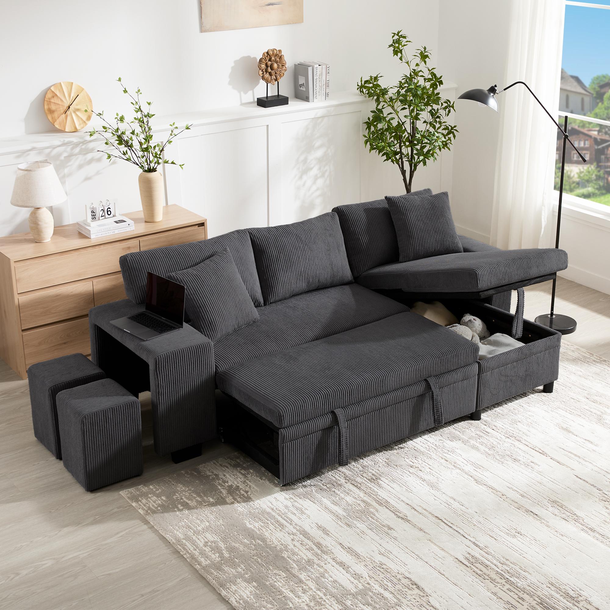 Fortuna Lai Klappsofa mit Schlaffunktion, L-förmiges umbaubares Ecksofa mit USB-Ladeanschluss und Kissen, 3-Sitzer-Umbausofa mit Seitenablagen und Stauraum