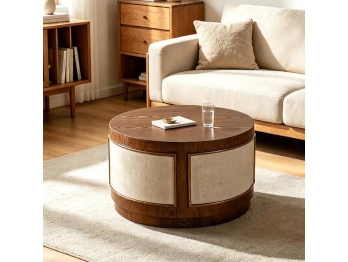 Runder Couchtisch aus Massivholz im Retro-Akzent,neuen chinesischen Stil Couchtisch aus hochwertigem Massivholz, natürliche Maserung, stabile Konstruktion, pflegeleicht(19.7x13.4in)