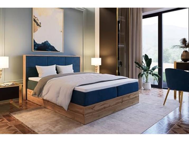 Marlux-Meble Boxspringbett 180x200 mit Matratze und Bettgestell - Polsterbett 180x200 mit Bett Kopfteil Matratzen Topper und Bettkasten (Leoni II, Marine)