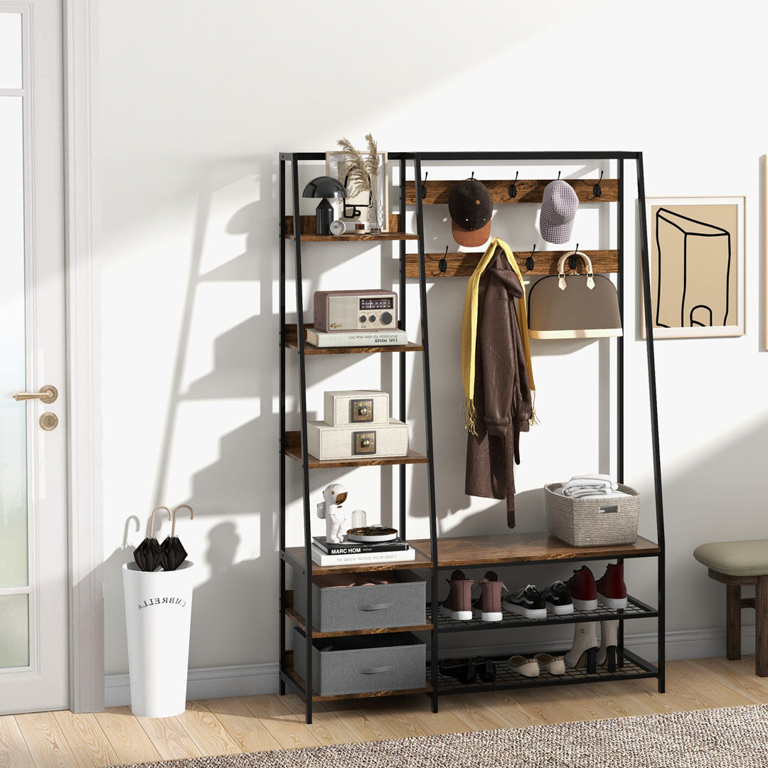 Rio Aluesi 122 cm W Hall Tree with Storage Bench and Shoe Storage Brown;Black 179cm H X 122cm W X 40cm D