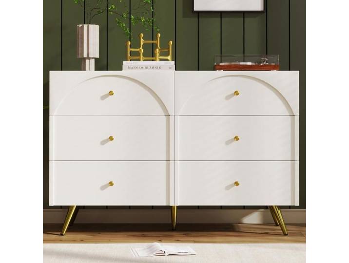 Commode - KOMHTOM - 120x40x85 cm - 6 tiroirs - Pieds métalliques - Blanc crème