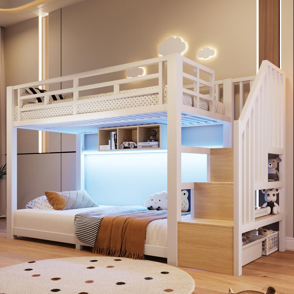Etagenbett mit LED-Lichtleisten, 3 Staufächern, Stauraumtreppe, Schutzgeländern & Stufe, Metall, Weiß, 90x200cm