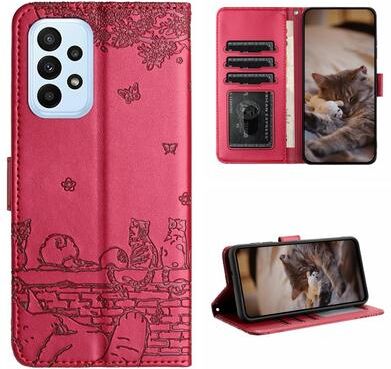 Inspired Deals Cute Cat Embossed Wallet Phone Case For Samsung Galaxy With Card Holder And Lanyard For Samsung Galaxy A33 red