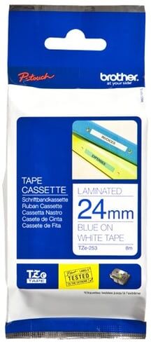 Brother TZe-253 cinta 24mm texto azul sobre blanco (8M)