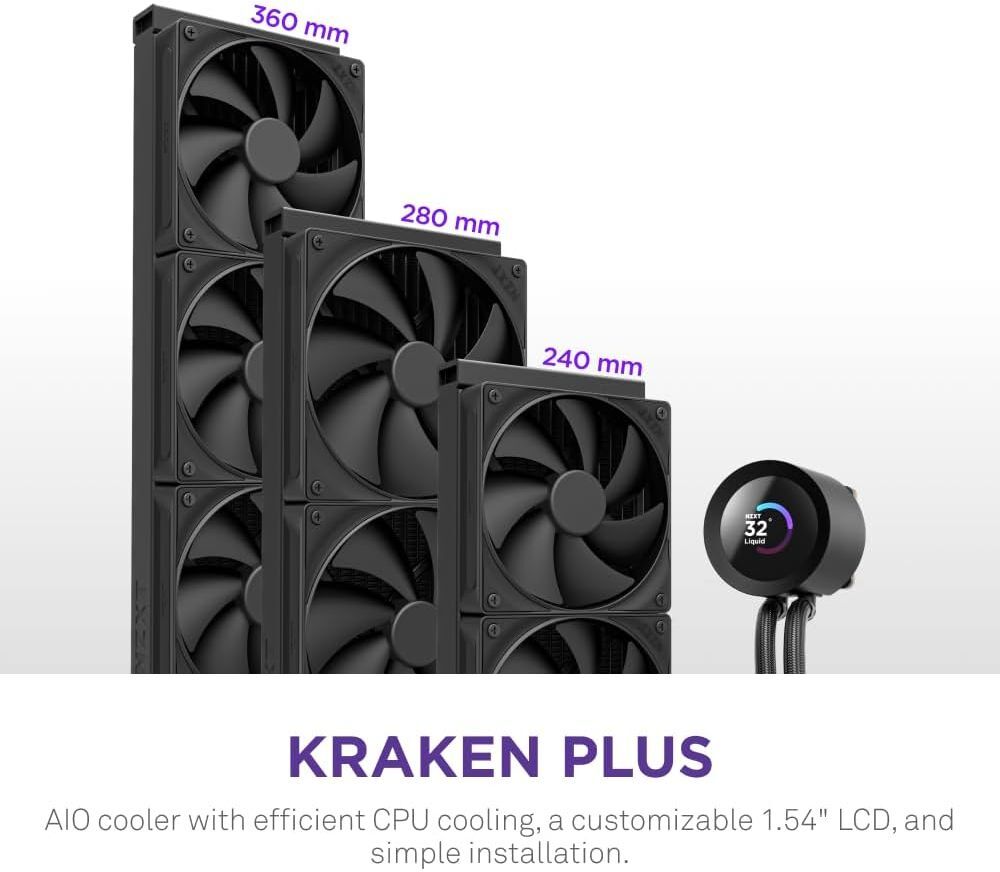 NZXT Kraken 360 Plus – 360mm AIO CPU Liquid Cooler with LCD Display, 3 × F120P Fans, AMD AM5/AM4 & Intel LGA 1851/1700/1200/115X Compatible – Black
