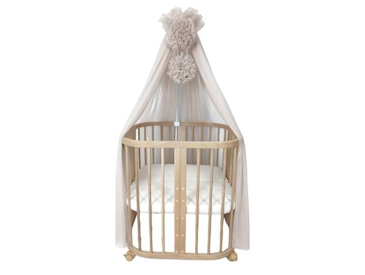 KOELL Baldachin Kinderzimmer – Betthimmel mit Pompons, Zur Befestigung am Babybett, Metallgestell mit Hülle, Handgenäht, Oeko-Tex Tüll, Beige