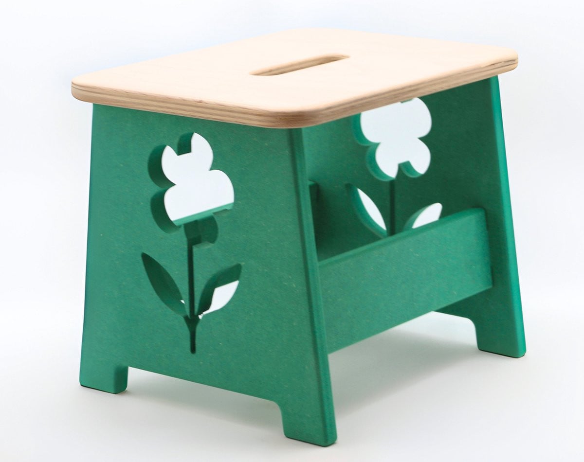 Houten kinderkruk en opstapje met bloemmotief - Groen