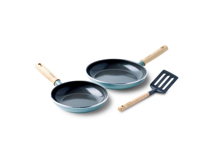 GreenPan Pfannenset, Schwarz, Hellblau, Holz, Metall, 2-teilig, 0 l, rund, antihaftbeschichtet, PTFE-frei, Kochgeschirr, Pfannen, Pfannenset