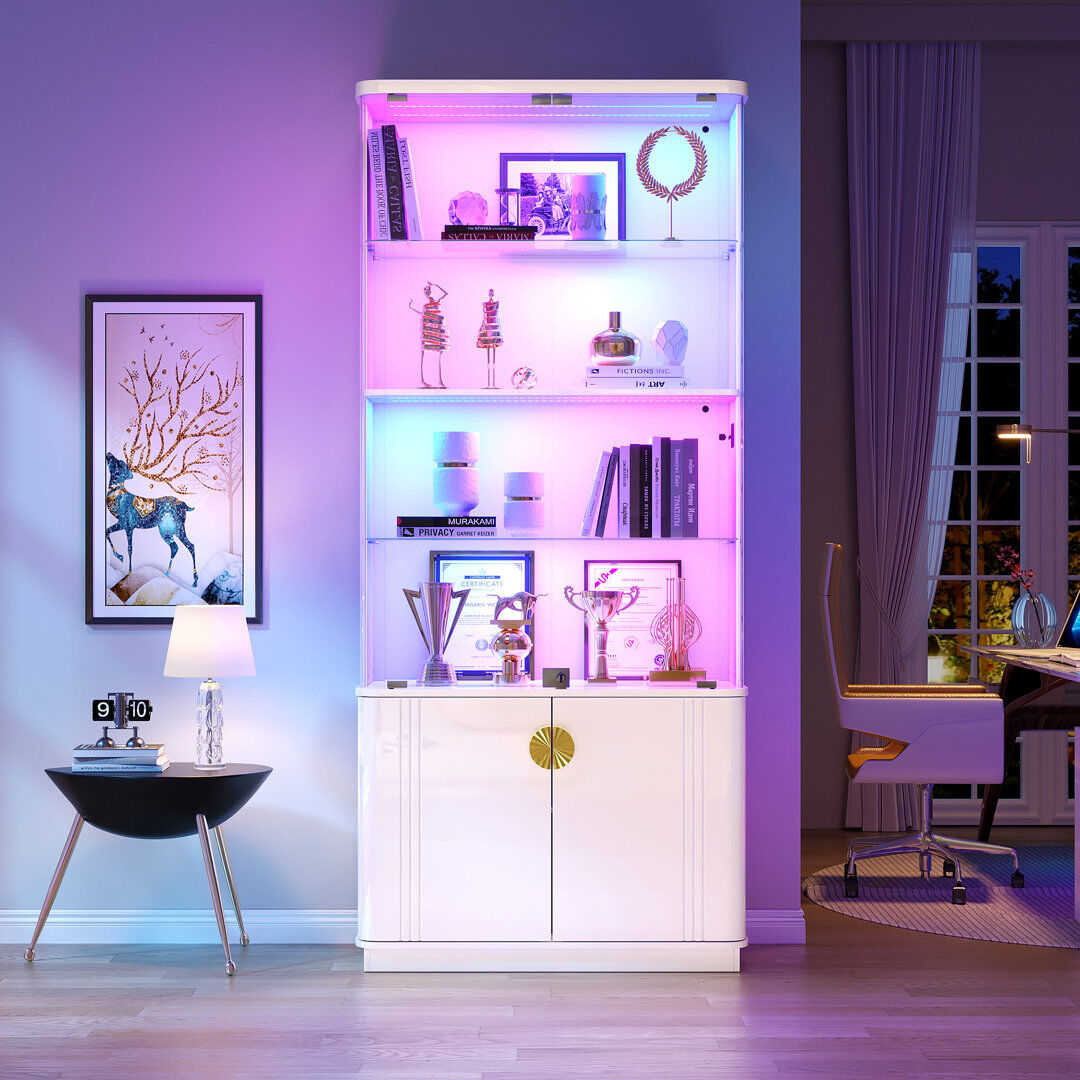 Metro 180cm H Display Cabinet with RGB Sensor Lights, 4-Tier Lockable Storage Cabinet White 180cm H X 80cm W X 38cm D
