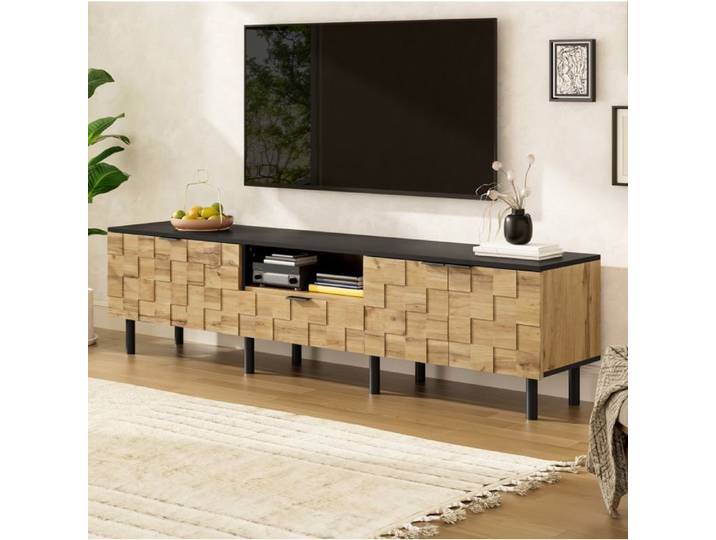 VUENOR Meuble TV bas 170 cm naturel et noir – 2 portes 1 tiroir niche ouverte
