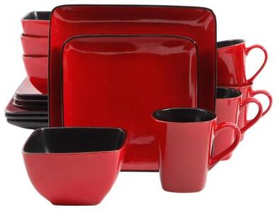 Gibson Home 16 Piece Everyday Use Square Stoneware Dinnerware Set in Red and Black