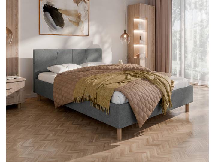 ALMORE Polsterbett – minimalistisches Design, Holzbett auf Füßen Federkernmatratze