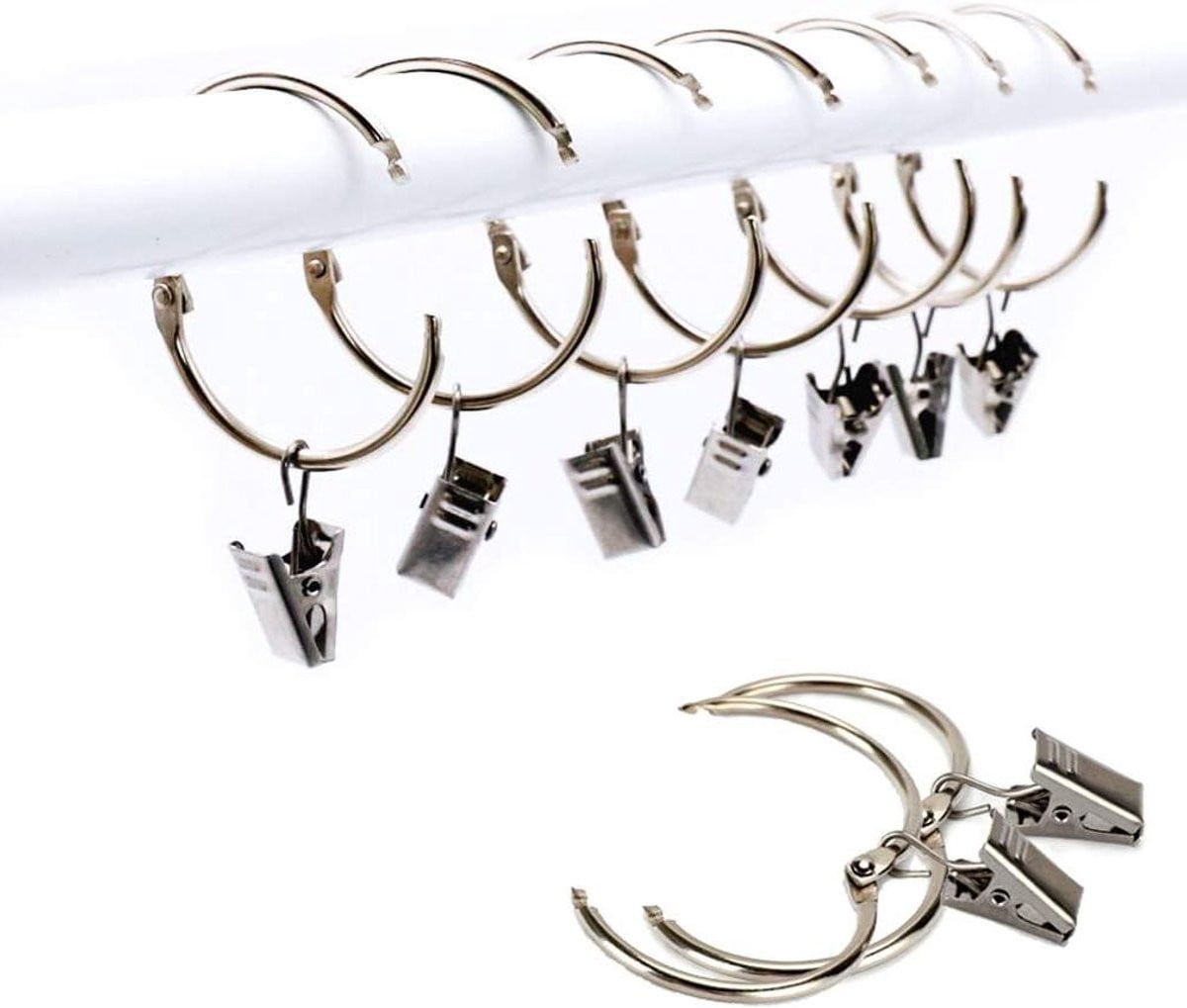 Gordijnringen met clips in zilver, binnendiameter 38 cm