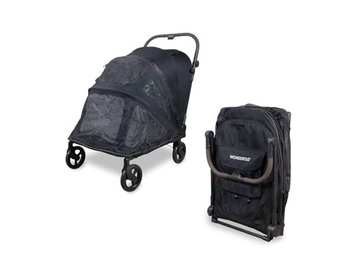 Wonderfold PFL Pet Large Premium Flat Fold Stroller – faltbarer Hundebuggy bis 45?kg, All?Terrain Räder, großer Einstieg, atmungsaktive Netze, flach faltbar – Jet Black