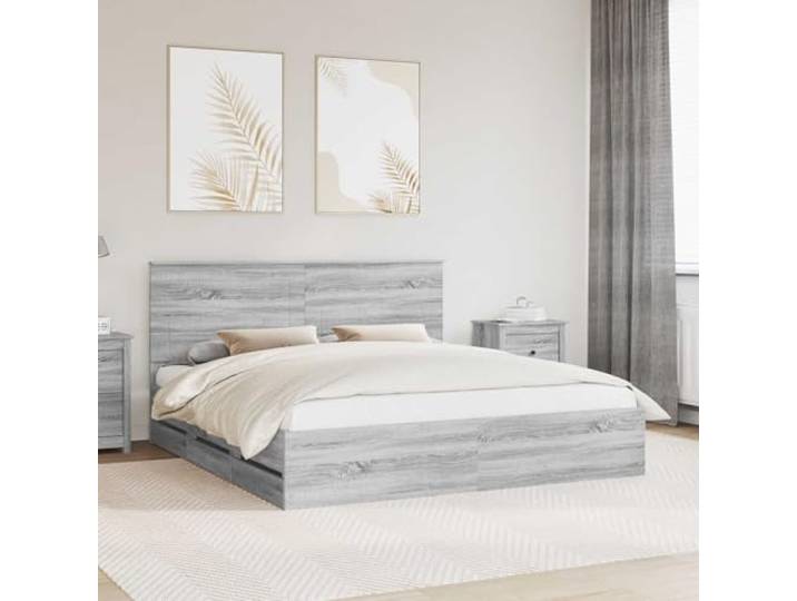 RJPLMFV Bettgestell, Grau, Sonoma, 200 x 200 cm, Holz, Technik Mit versteckten Schubladen, integrierter Aufbewahrung, modernes Design, einfache Montage