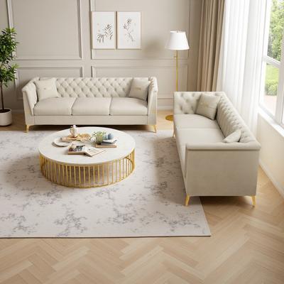 ZWYO HOSIMU Fabric Sofa Set with Tufted Back, Flared Arms and Gold-Tone Metal Legs (6-Seater)..
