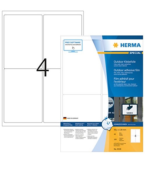 HERMA Etik. A4 Outdoor Klebefolie weiß 99.1x139 mm 160 St. 99,1 x 139 Weiß 160er (9539)