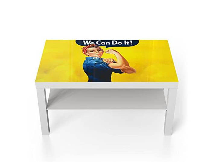 DEQORI Glastisch weiß groß 90x50 cm Motiv Rosie die Nieterin ausgefallener Beistelltisch aus Glas Hochglanz Couchtisch fürs Wohnzimmer moderner Couch Tisch mit Design