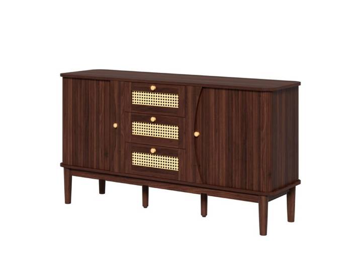 WOVREO Buffet bas 141 cm décor noyer 3 tiroirs en rotin portes coulissantes et étagères réglables