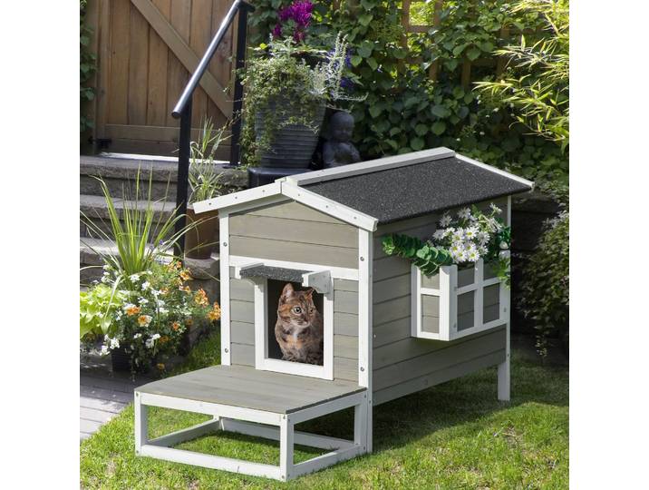 PawHut Maison Chat Extérieure Bois Surélevée Grise