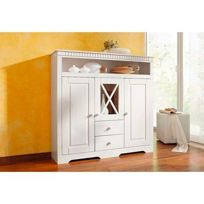 Highboard OTTO HOME "Lisa Kommode, offene & geschlossene Fächer & dekorative Fräsungen", weiß, B:130cm H:125cm T:35cm, Massivholz, Sideboards, Highboard, massives Kiefernholz, 3 Türen, und 2 Schubladen, dekorativen Fräsungen