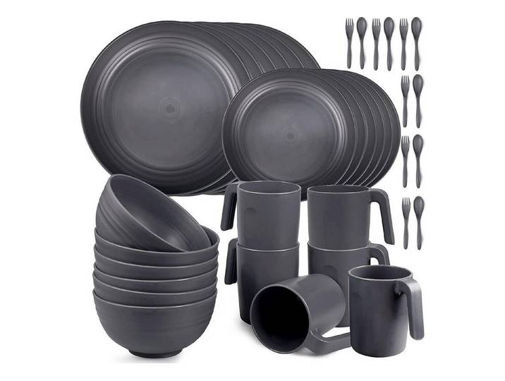 LuxusKollektion Tafelservice Geschirrset Kunststoff 36pcs Camping unzerbrechlich Besteck Grau
