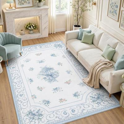Bluebell Boho Floral Washable Area Rug, Non-Slip Low Pile Carpet, Soft Faux Wool Oeko-Tex, 5x7/8x10 Pink/Blue
